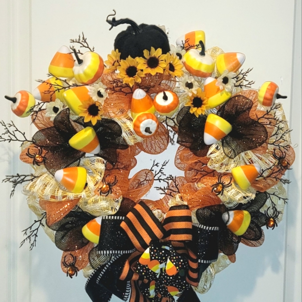 Artisan Halloween Candy Corn Pumpkin Wreath Spiders Deco Mesh Bows